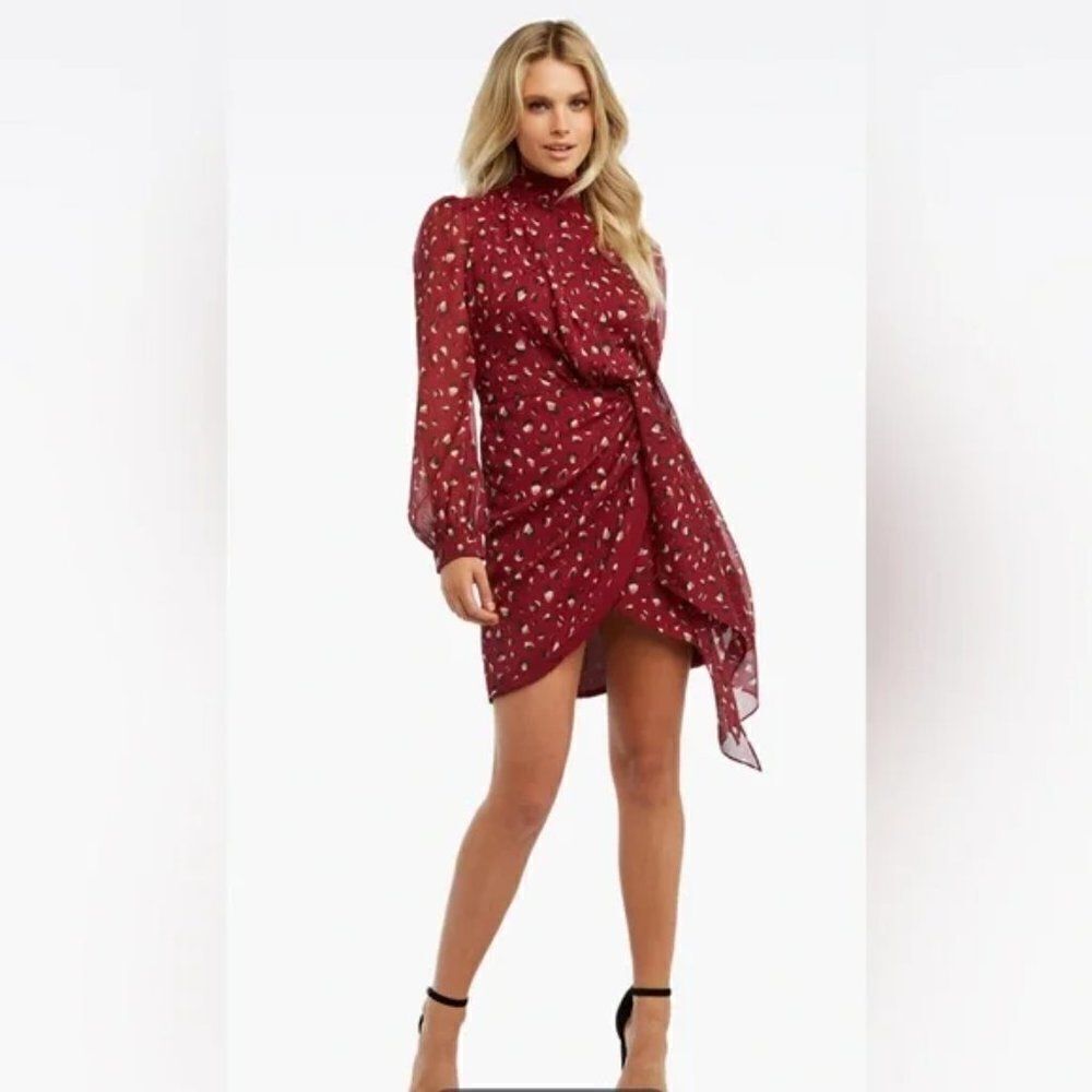 BARDOT | 'Kalia' Leopard Print Long Sleeve Dress - [size 8, Maroon]